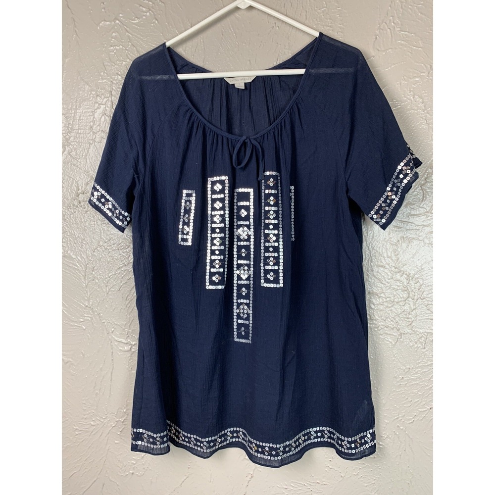 Laura Ashley Women's Top Navy Blue sequins Short Sleeve Size Large
